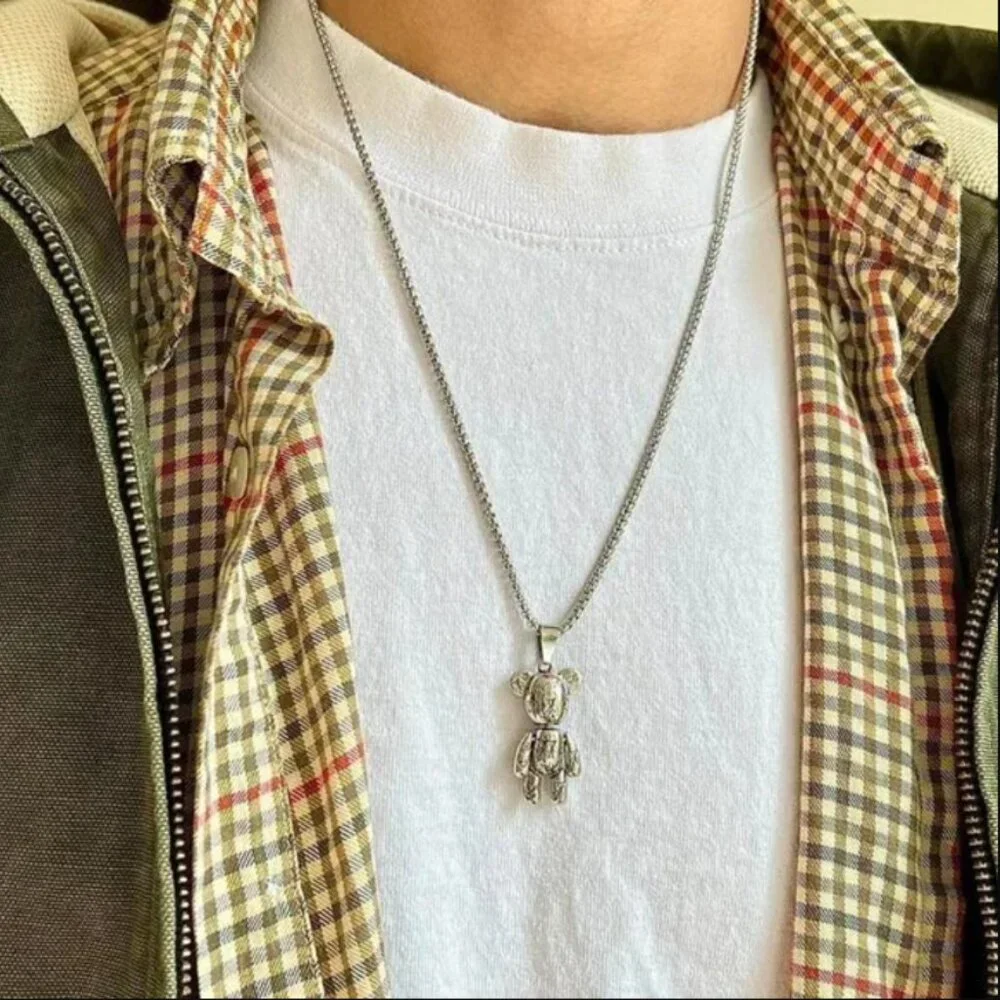 y2k grunge chrome silver bear peace pendant necklace